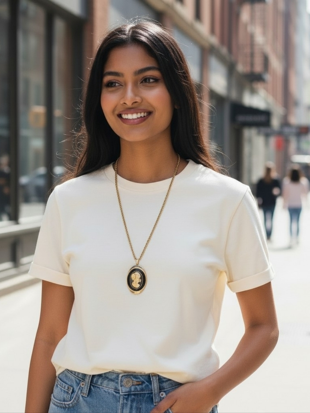 Vintage Gold-Tone And Black Lady Silhouette Pendant Necklace